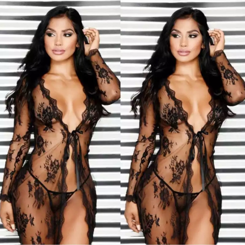 Black Sheer Lace Chemise with Plunging Neckline